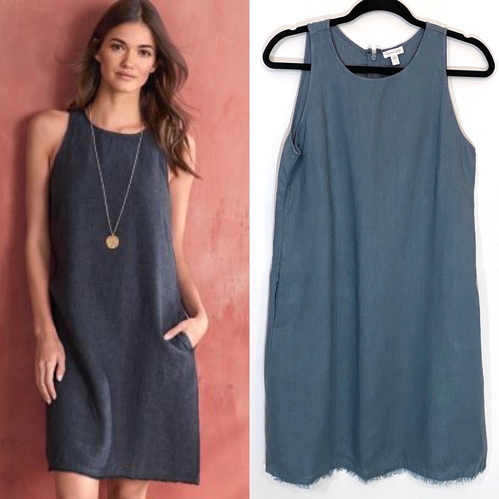 Garnet Hill Linen Fringe-Hem A-Line Dress Indigo Blue Grey